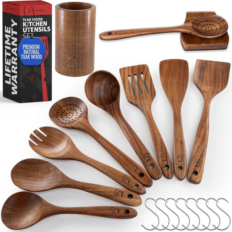 Priority Chef PriorityChef Premium Wooden Spoons for Cooking - 8pc with Utensil Holder, Spoon Rest and Hanging Hooks, Smooth Finish Teak Wooden Utensil Set, Heat-Resistant & Nonstick Safe, Ideal for Gifting - Image 1